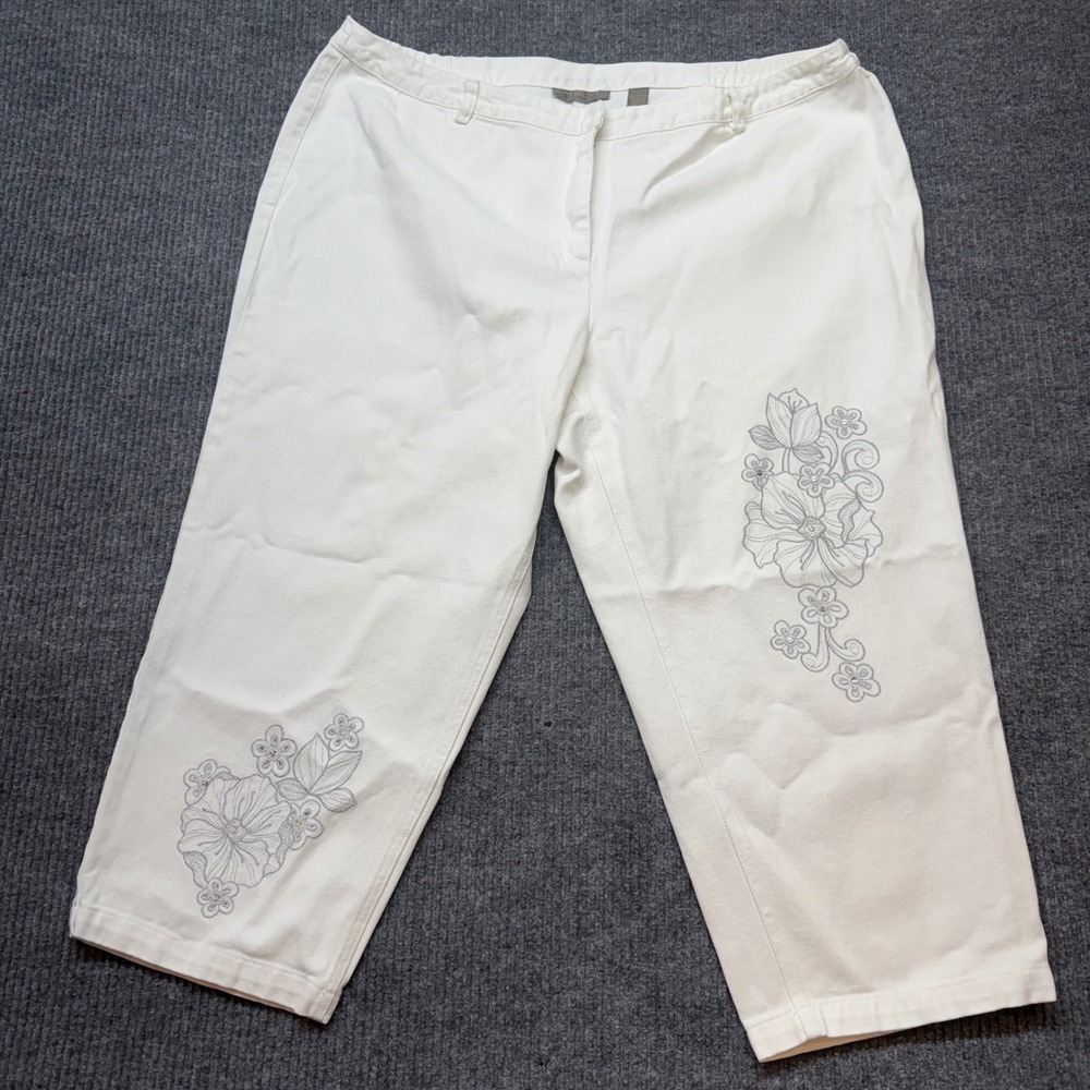 Kate Hill Capri Pants Womens 20W White Cotton Floral Embellished Casual Crop‎